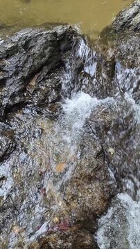 Natural Flowing River Water Splash Over Wet Rock Stone With Foam In Wild Mountain Environment Showing Calm Peaceful Atmosphere Refreshing Cascade Stream Summer Forest Close Up Abstract Waterfall Flow