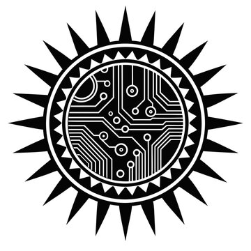 A black and white illustration of a circuit board sun symbol