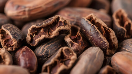 Close up of roasted cocoa beans showing texture and natural detail