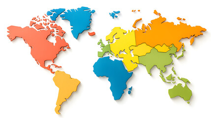 Colorful world map illustration with distinct regions highlighted various colors, showcasing
