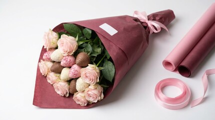 A bouquet of pink roses and strawberries is wrapped in a red paper. The flowers are arranged in a way that they look like they are in a vase