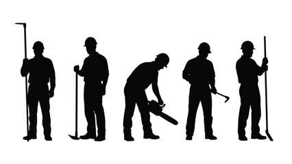 Black silhouette set of construction workers holding tools, manual laborers with chainsaw and shovel and rake, industrial staff isolated on a white background, labor. © Ahahila