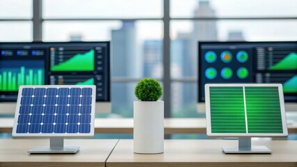 A modern office setup featuring a solar panel, a plant, and monitors displaying green energy statistics and graphs.