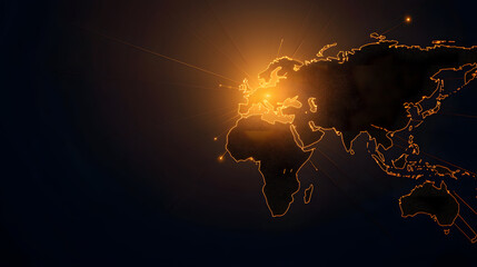 Illuminated world map with glowing outlines and light rays, showcasing Europe and Africa
