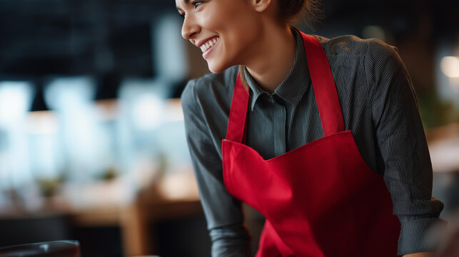 Faceless profile view of hostess in red apron cleaning table as they smile to each other, beautiful smiles, modern coffee house setting, restaurant service work, defocused faces, with copy space