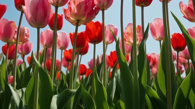 Vibrant tulip flowers blooming against a clear sky, perfect for spring and gardening themes