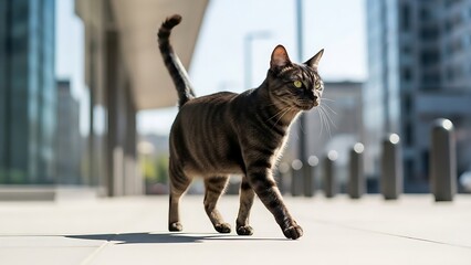 Ginger cat relaxing on modern couch, minimal interior, soft shadows, realistic photo