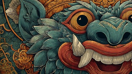 Close-up of a Mythical Creature's Face with Detailed Scales and Teeth 46be balinese Photo