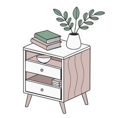 Vector illustration of a minimalist pink bedside table with books and a potted plant