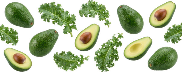 A collection of whole and halved ripe avocados with fresh green kale leaves scattered across the scene fruit vegetable healthy food organic natural ingredient slice healthy food transparent background