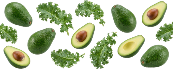 A collection of whole and halved ripe avocados with fresh green kale leaves scattered across the scene fruit vegetable healthy food organic natural ingredient slice healthy food transparent background