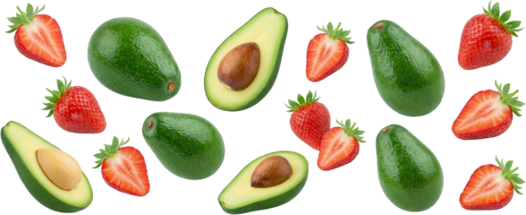 Ripe green avocados and vibrant red strawberries whole and halved are arranged creatively against a void showcasing fresh healthy produce strawberry fruit food organic natural transparent background