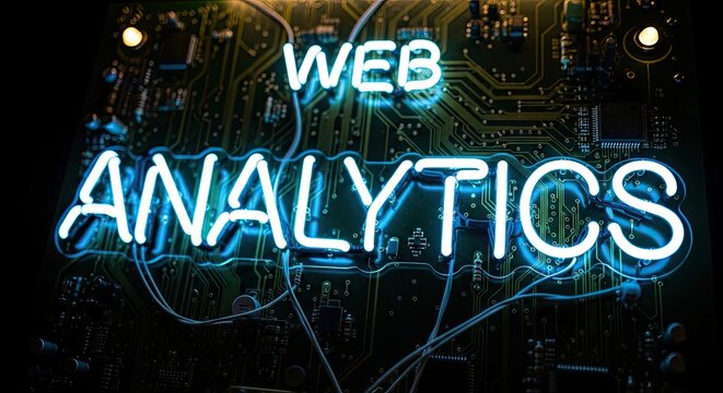 Neon web analytics sign: A vibrant neon sign illuminates the words WEB ANALYTICS, offering a dynamic representation of data analysis and digital insight.