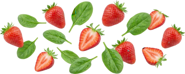 Ripe red strawberries and fresh green spinach leaves scattered and arranged compositionally strawberry fruit leaf healthy food sweet natural ingredient organic whole cut half transparent background