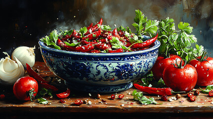 Artistic rendering of chili relish in a ceramic bowl with fresh vegetables and Thai spices 