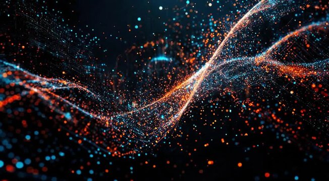 4K Abstract dark background with particle and lighting element for cyber futuristic concept with grain processed