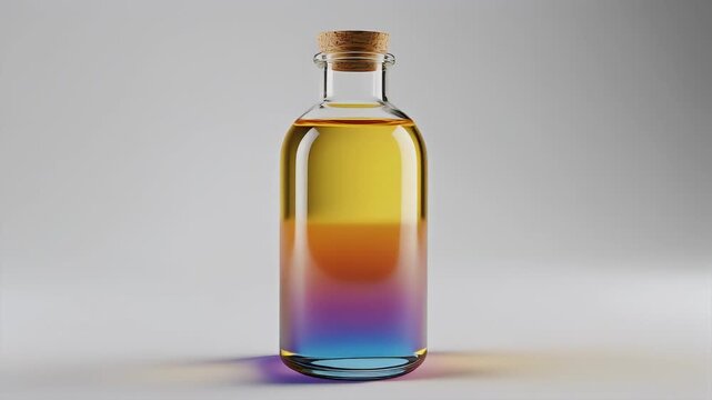 A clear glass bottle with a cork stopper is filled with a vibrant, gradient liquid. The liquid transitions from yellow to orange, purple, then blue