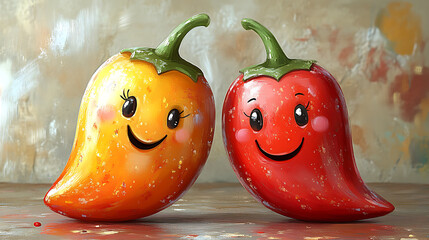 A gentle pastel cartoon illustration of two stylized chili peppers playfully interacting in soft reds and oranges against a clean white background 