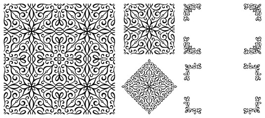 Abstract floral line art ornamental design set with seamless patterns and decorative corner elements. Classic vintage style with abstract swirl line art © gholiyart