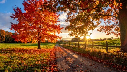 Fototapeta premium Autumnal path with colorful trees, vibrant foliage, and glowing sunlight through branches across a field