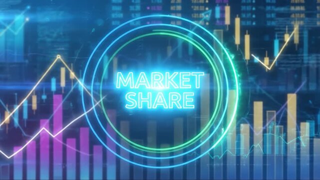 Market share neon concept with glowing circular overlay, market share neon circle over financial chart with bar graph and line chart illustrating business growth and market analysis with dynamic blue
