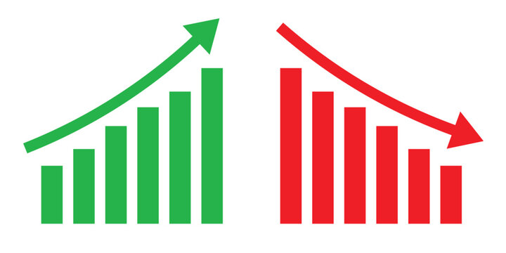 Business growth and decline charts. Upward and downward bar graphs. Profit loss performance indicators. Financial trend comparison design. Vector illustration