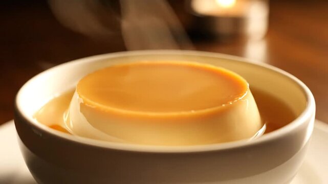 Silky caramel flan in a white bowl, glossy sauce, smooth custard, warm lighting, spoon nearby, cozy!