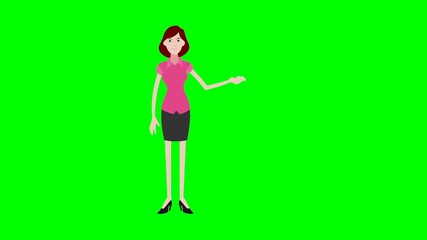 Animated businesswoman cartoon holding laptop with growing bar chart data on green screen, business presentation, financial growth, data analysis, or corporate education - Powered by Adobe