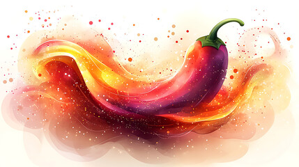 A charming pastel cartoon illustration of a stylized Thai script element integrated with a chili pepper design in soft reds and muted golds against a clean white background 