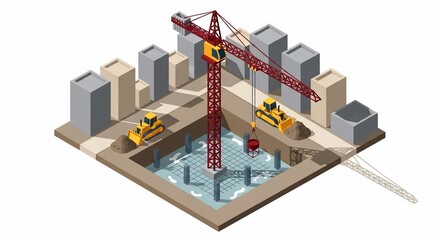 Construction site with crane and buildings.