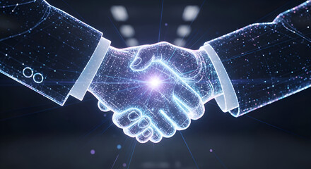Business partnership handshake with glowing digital network connections