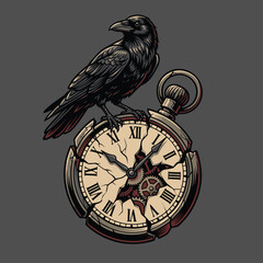 Obraz premium A black crow perched on a broken pocket watch.