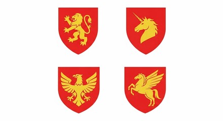 Golden heraldic shields with mythical creatures.