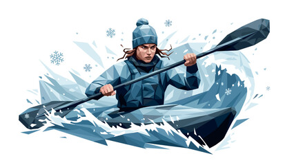 Geometric kayaker battling cold waters with dynamic energy and winter vibes