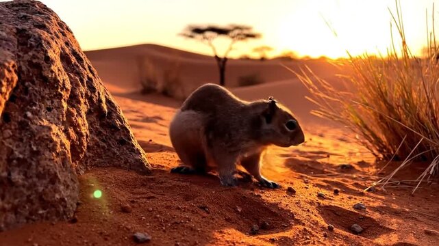 Cute ground squirrel in desert environment foraging at sunrise with sunbeams and sand dunes in background.