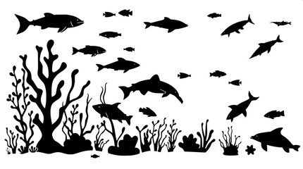 Underwater ocean creatures silhouette illustration featuring minimal black vector icons on a light blue gradient background, emphasizing a marine life theme with stylized seaweed and coral, including 