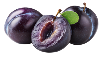 Two fresh plums green leaf on stark black background ripe purple plums with green leaf against dark backdrop
