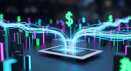 Modern business technology with glowing data streams on tablet