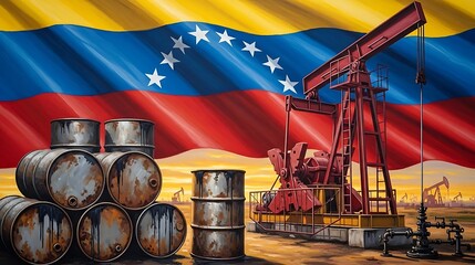 Venezuela Oil Industry with Pumpjack and Barrels at Sunset