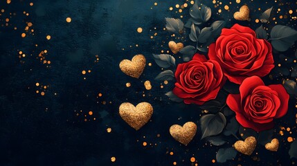 Lush Red Rose Bouquet with Sparkling Golden Hearts in Dark Moody Setting