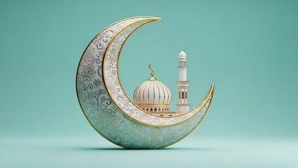This detailed 3d render of a mosque within a golden crescent moon symbolizes the peaceful islam celebration of eid mubarak and ramadan.