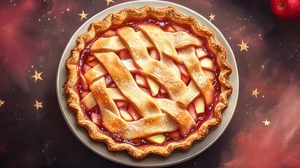 Homemade Seasonal Apple Pie on Festive Red and Gold Background