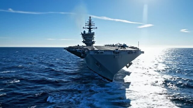 Large US Navy aircraft carrier sailing on the open ocean under a bright blue sky, sunny day