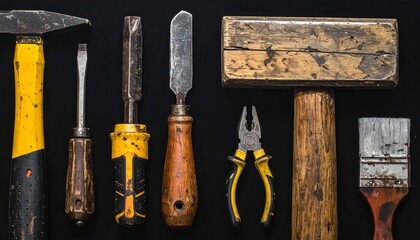Vertical lineup of aged hand tools on black background.