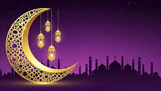 Deep purple digital illustration of an ornate golden crescent moon and lanterns above a mosque silhouette, celebrating eid mubarak and ramadan.
