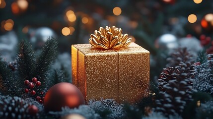 Elegant Golden Christmas Gift Box with Pinecones and Berries in Snowy Winter Scene