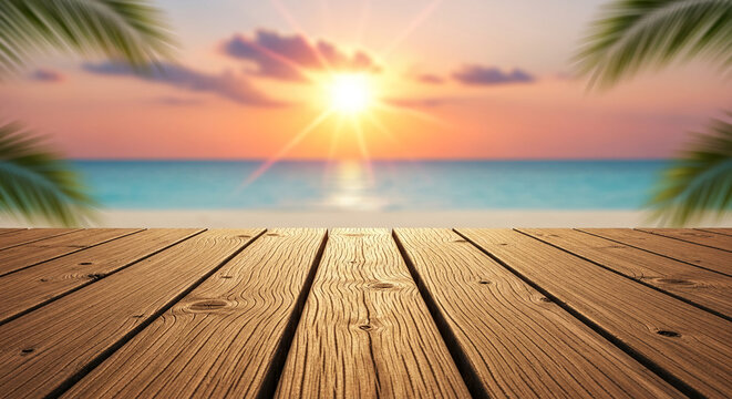 Wooden planks showcase against blurred beach sunset background Palm leaves frame scene Free space for text or product placement Summer vacation concept