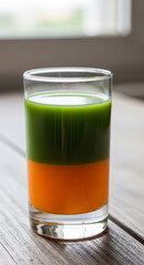 Vertical 9:16 macro of a layered green and orange savory drink in a cylinder glass, featuring morning window light and 10% safe-zone padding.