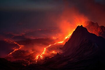 Dramatic volcanic eruption at night with glowing lava flows down dark mountainside, illuminating the sky.