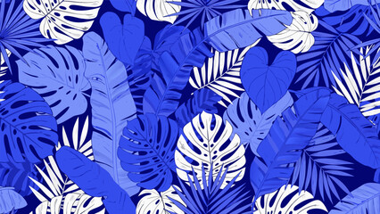 Seamless vector illustration of tropical plant leaves in shades of blue and white for a natural, botanical pattern © PDWN Creative